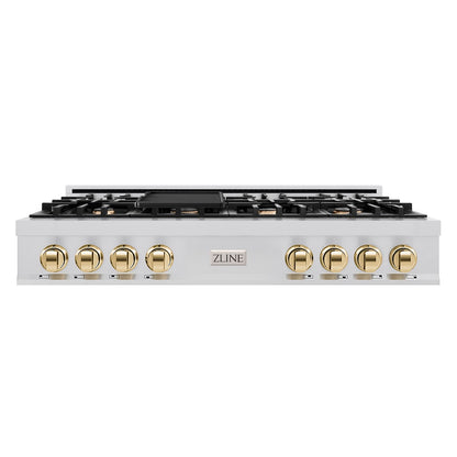 ZLINE Autograph Edition 48 in. Classic Gas Rangetop with 8 Burners and Porcelain Cooktop in Stainless Steel with Polished Gold Accents (RTZ-48-G) front.
