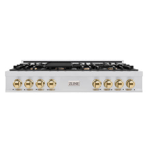 ZLINE Autograph Edition 48 in. Legacy Gas Rangetop with 7 Burners and Porcelain Cooktop in Stainless Steel with Polished Gold Accents, Open Box-Great Condition main image.