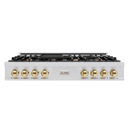 ZLINE Autograph Edition 48 in. Legacy Gas Rangetop with 7 Burners and Porcelain Cooktop in Stainless Steel with Polished Gold Accents, Open Box-Great Condition