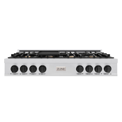 ZLINE Autograph Edition 48 in. Classic Gas Rangetop with 8 Burners and Porcelain Cooktop in Stainless Steel with Matte Black Accents (RTZ-48-MB) front.