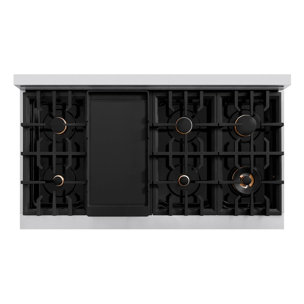 ZLINE Autograph Edition 48 in. Classic Gas Rangetop with 8 Burners and Porcelain Cooktop in Stainless Steel with Matte Black Accents (RTZ-48-MB) top-down, above cooktop.