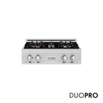ZLINE 30 in. Classic Gas Rangetop with 4 Burner DuoPro™ Cooktop in Stainless Steel (PCRT30) front, with DuoPro™ logo.