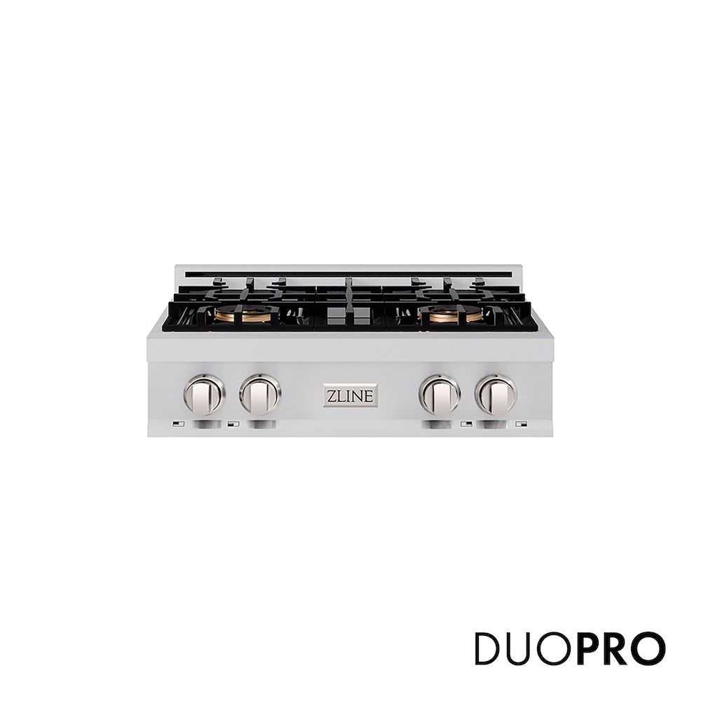 ZLINE 30 in. Classic Gas Rangetop with 4 Burner DuoPro™ Cooktop in Stainless Steel (PCRT30) front, with DuoPro™ logo.