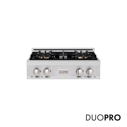 ZLINE 30 in. Classic Gas Rangetop with 4 Burner DuoPro™ Cooktop in Stainless Steel (PCRT30) front, with DuoPro™ logo.