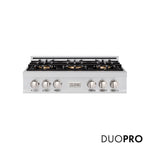 ZLINE 36 in. Classic Gas Rangetop with 6 Burner DuoPro™ Cooktop in Stainless Steel (PCRT36) front, with DuoPro™ logo.