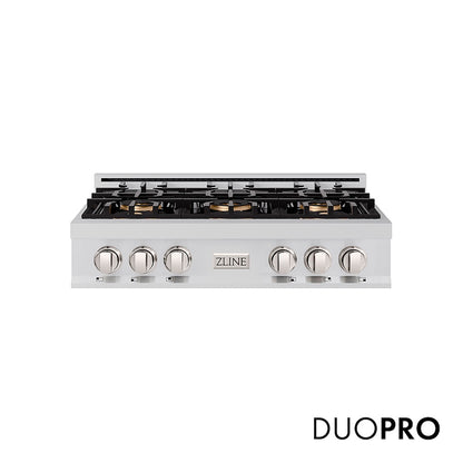 ZLINE 36 in. Classic Gas Rangetop with 6 Burner DuoPro™ Cooktop in Stainless Steel (PCRT36) front, with DuoPro™ logo.