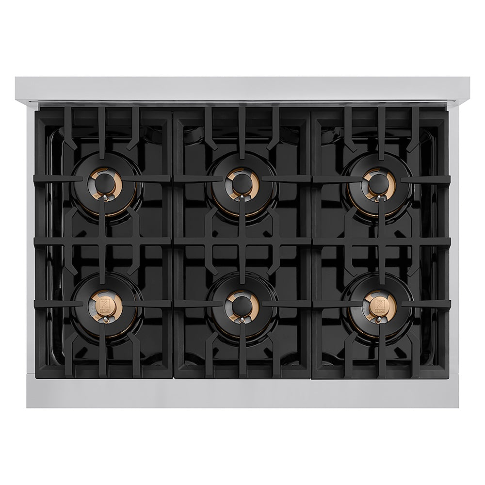 ZLINE 36 in. Classic Gas Rangetop with 6 Burner DuoPro™ Cooktop in Stainless Steel (PCRT36) top-down, above cooktop.