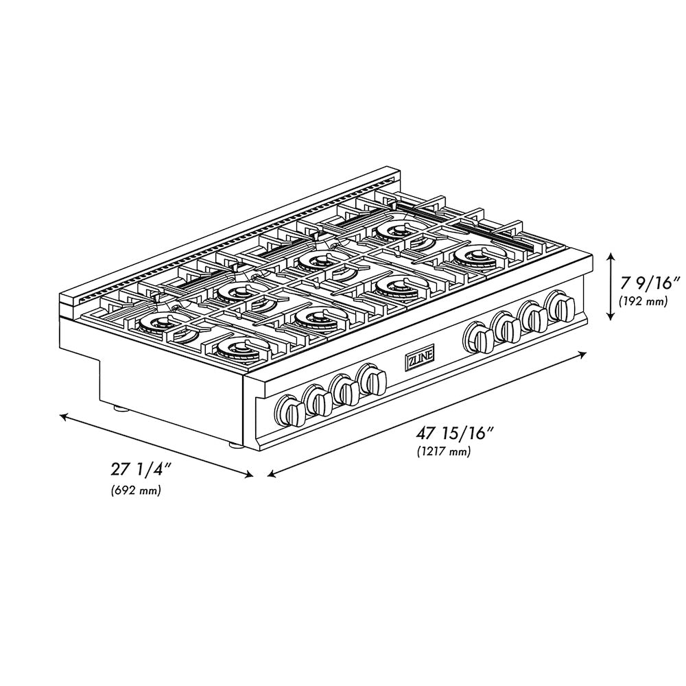 ZLINE Autograph Edition 48 in. Classic Gas Rangetop with 8 Burner DuoPro™ Cooktop in Stainless Steel and Polished Gold Accents, Open Box-Good Condition dimensional diagram.
