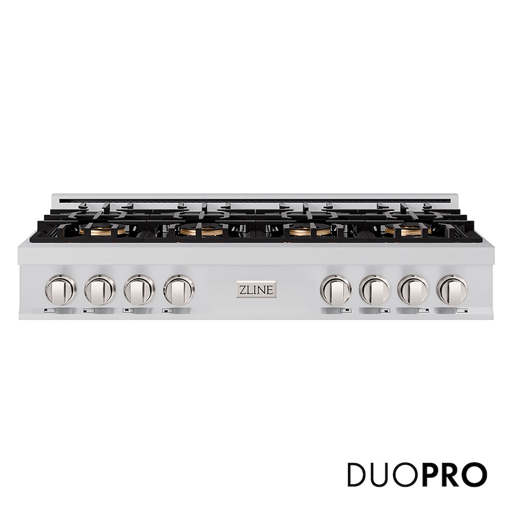 ZLINE 48 in. Classic Gas Rangetop with 8 Burner DuoPro™ Cooktop in Stainless Steel (PCRT48) front, with DuoPro™ logo.