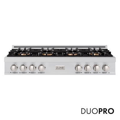 ZLINE 48 in. Classic Gas Rangetop with 8 Burner DuoPro™ Cooktop in Stainless Steel (PCRT48) front, with DuoPro™ logo.