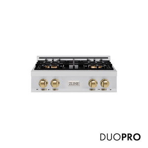 ZLINE Autograph Edition 30 in. Classic Gas Rangetop with 4 Burner DuoPro™ Cooktop in Stainless Steel and Champagne Bronze Accents (PCRTZ-30-CB) main image.