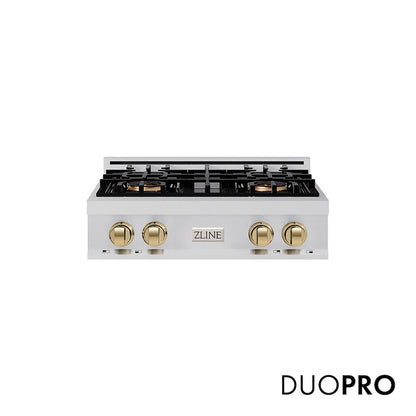 ZLINE Autograph Edition 30 in. Classic Gas Rangetop with 4 Burner DuoPro™ Cooktop in Stainless Steel and Champagne Bronze Accents (PCRTZ-30-CB) front, with DuoPro™ logo.