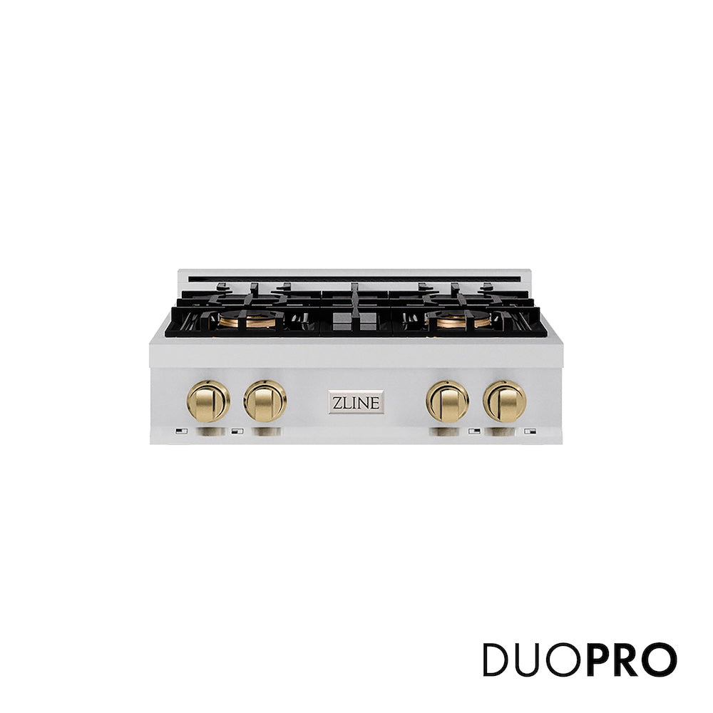 ZLINE Autograph Edition 30 in. Classic Gas Rangetop with 4 Burner DuoPro™ Cooktop in Stainless Steel and Champagne Bronze Accents, Open Box-Good Condition