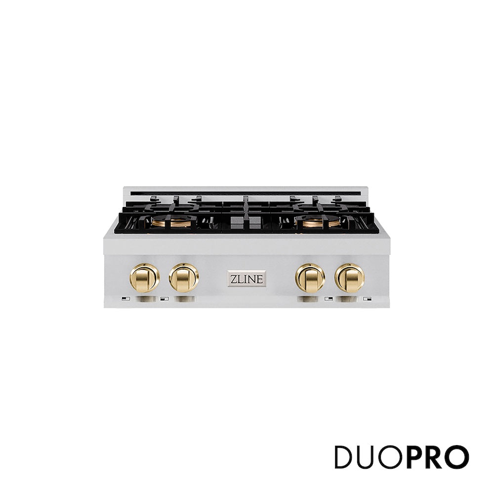 ZLINE Autograph Edition 30 in. Classic Gas Rangetop with 4 Burner DuoPro™ Cooktop in Stainless Steel and Polished Gold Accents (PCRTZ-30-G) front, with DuoPro™ logo.