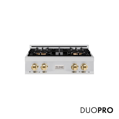 ZLINE Autograph Edition 30 in. Classic Gas Rangetop with 4 Burner DuoPro™ Cooktop in Stainless Steel and Polished Gold Accents (PCRTZ-30-G) front, with DuoPro™ logo.