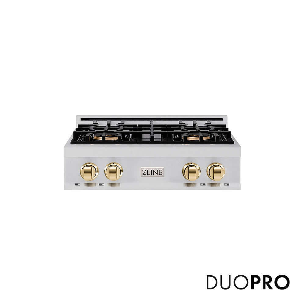 ZLINE Autograph Edition 30 in. Classic Gas Rangetop with 4 Burner DuoPro™ Cooktop in Stainless Steel and Polished Gold Accents, Open Box-Good Condition