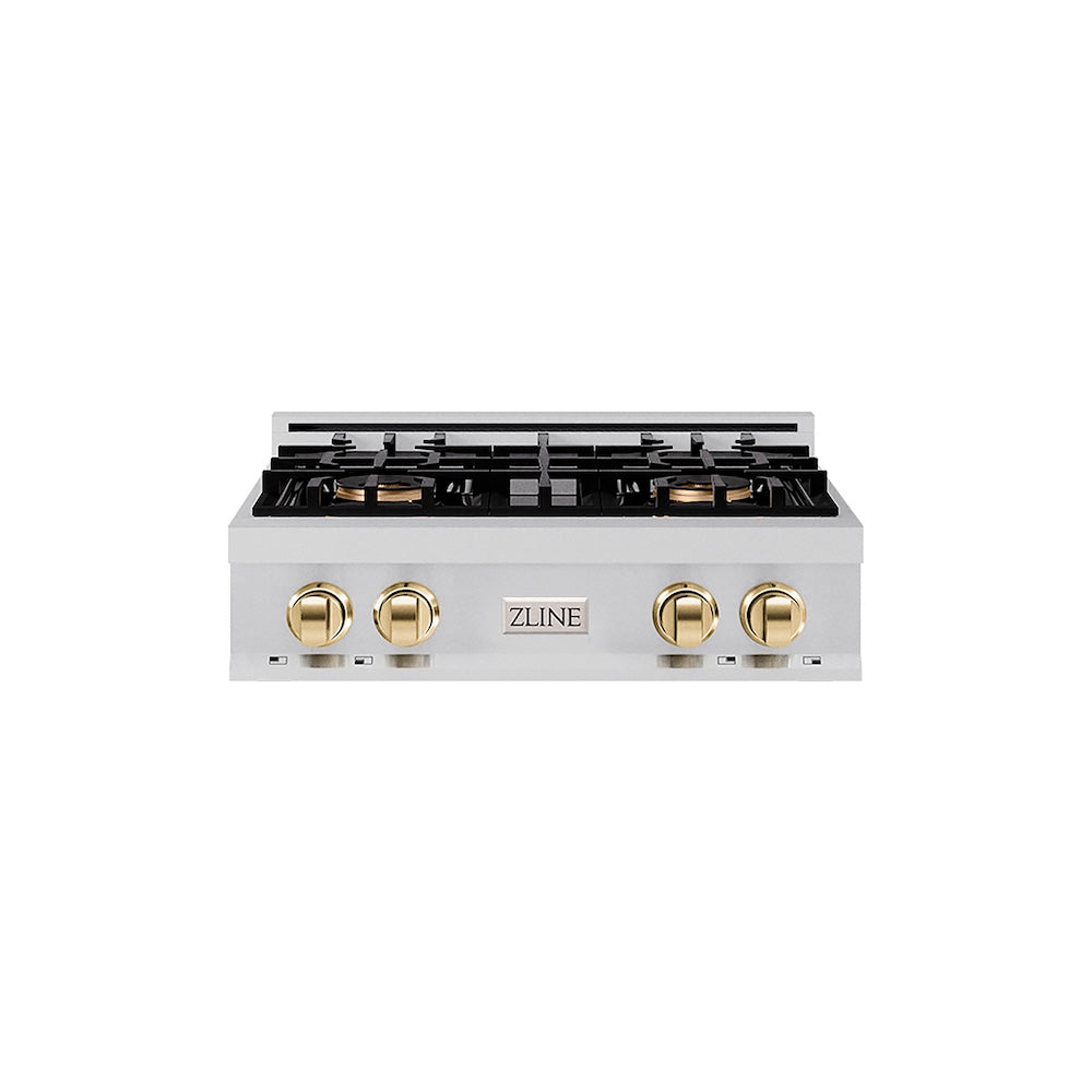 ZLINE Autograph Edition 30 in. Classic Gas Rangetop with 4 Burner DuoPro™ Cooktop in Stainless Steel and Polished Gold Accents (PCRTZ-30-G) front.