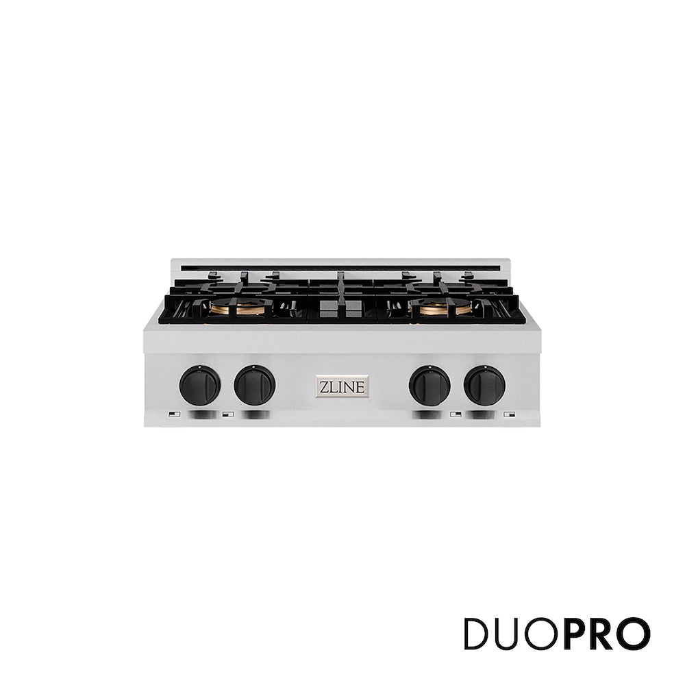 ZLINE Autograph Edition 30 in. Classic Gas Rangetop with 4 Burner DuoPro™ Cooktop in Stainless Steel and Matte Black Accents (PCRTZ-30-MB) front, with DuoPro™ logo.