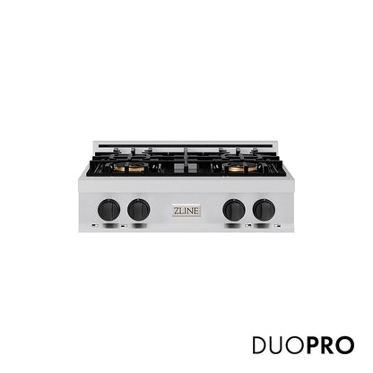 ZLINE Autograph Edition 30 in. Classic Gas Rangetop with 4 Burner DuoPro™ Cooktop in Stainless Steel and Matte Black Accents (PCRTZ-30-MB) front, with DuoPro™ logo.