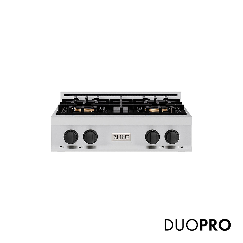 ZLINE Autograph Edition 30 in. Classic Gas Rangetop with 4 Burner DuoPro™ Cooktop in Stainless Steel and Matte Black Accents, Open Box-Great Condition main image.