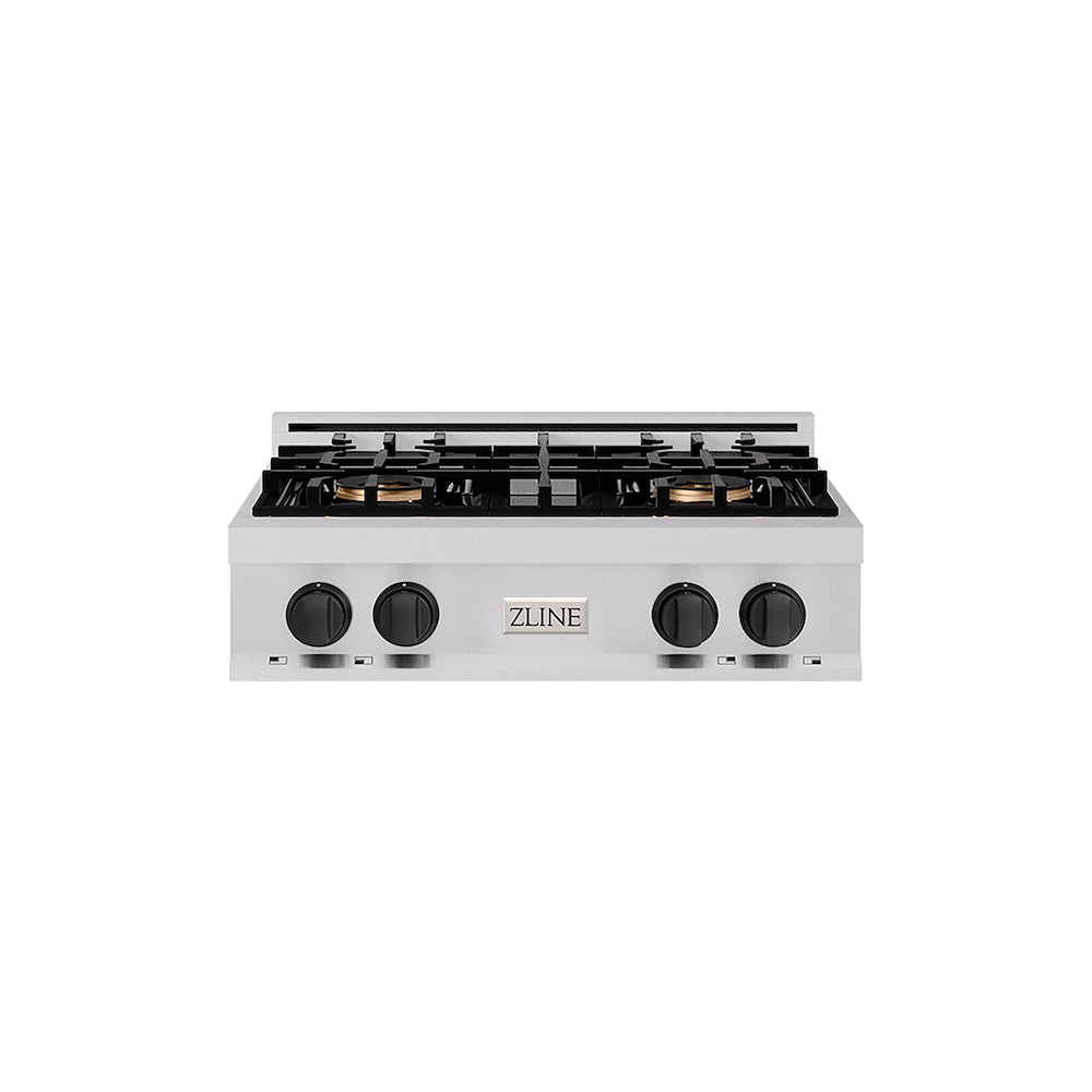 ZLINE Autograph Edition 30 in. Classic Gas Rangetop with 4 Burner DuoPro™ Cooktop in Stainless Steel and Matte Black Accents (PCRTZ-30-MB) front.