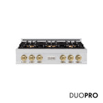 ZLINE Autograph Edition 36 in. Classic Gas Rangetop with 6 Burner DuoPro™ Cooktop in Stainless Steel and Champagne Bronze Accents (PCRTZ-36-CB) front, with DuoPro™ logo.