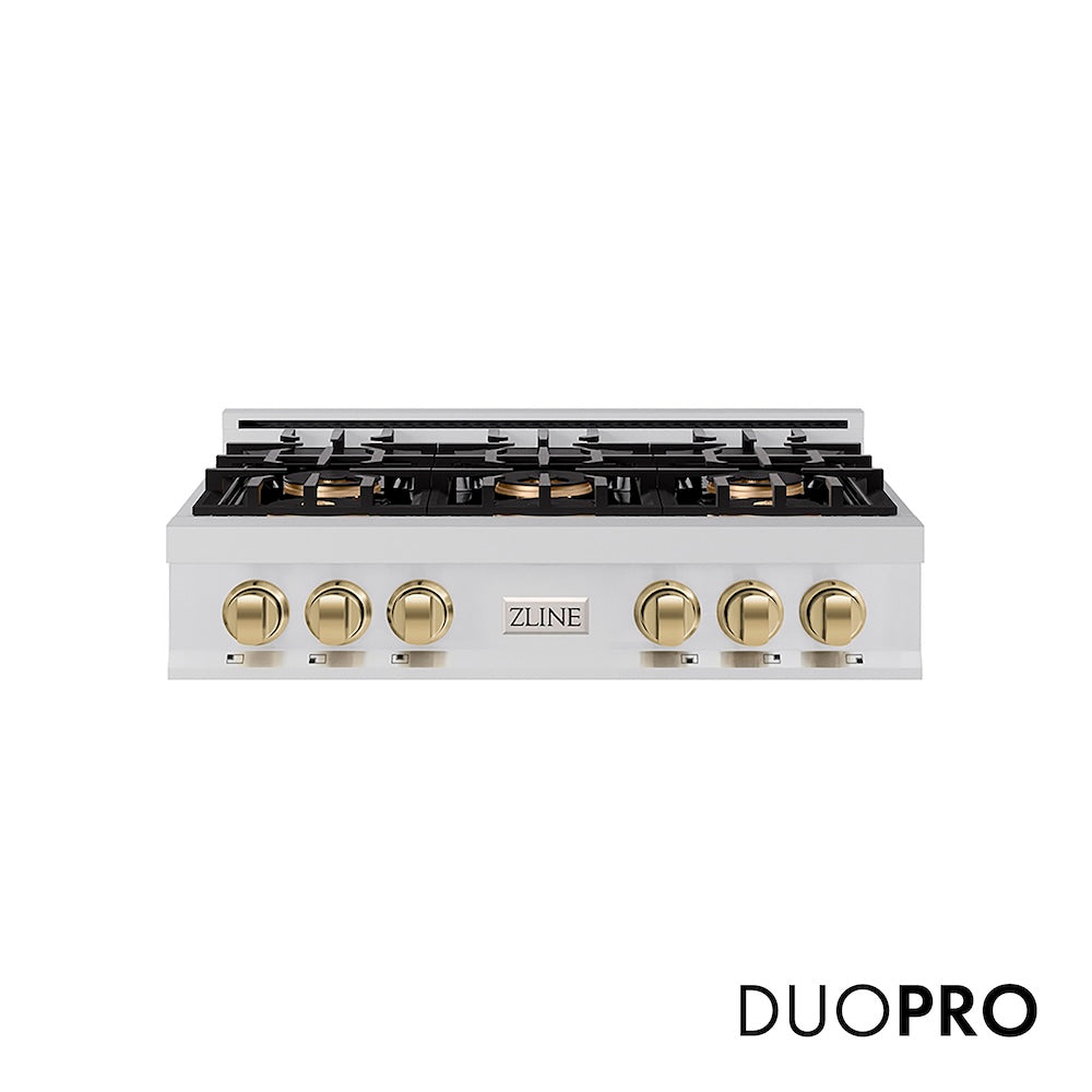 ZLINE Autograph Edition 36 in. Classic Gas Rangetop with 6 Burner DuoPro™ Cooktop in Stainless Steel and Champagne Bronze Accents (PCRTZ-36-CB) front, with DuoPro™ logo.