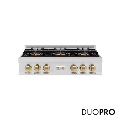 ZLINE Autograph Edition 36 in. Classic Gas Rangetop with 6 Burner DuoPro™ Cooktop in Stainless Steel and Champagne Bronze Accents (PCRTZ-36-CB) front, with DuoPro™ logo.