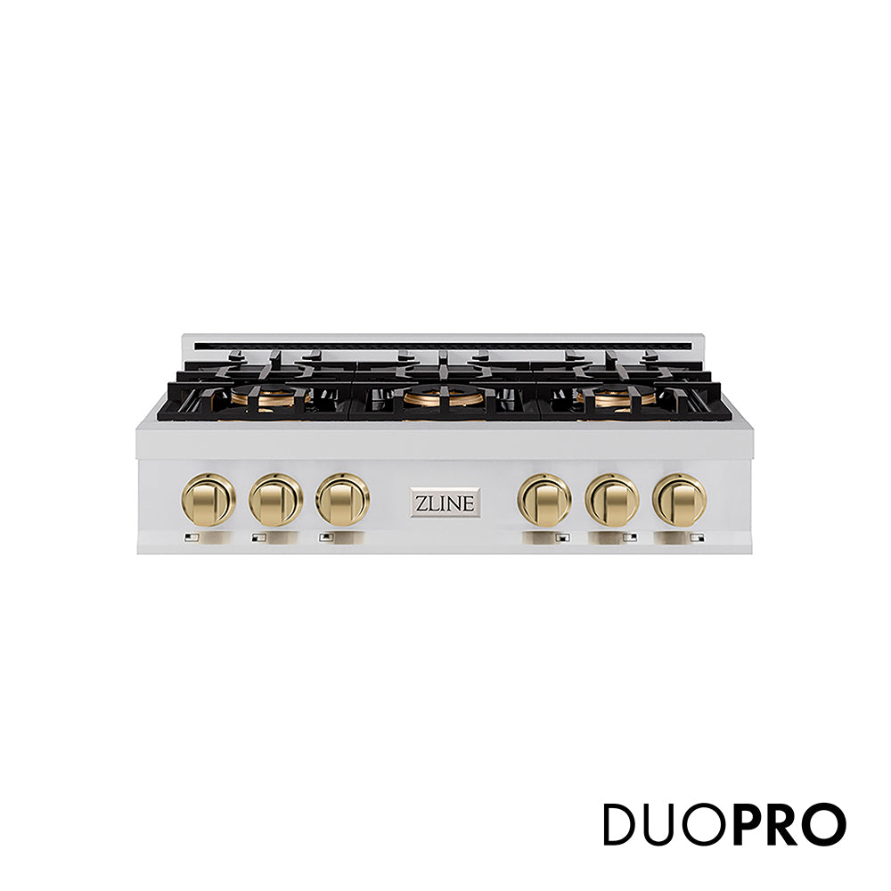 ZLINE Autograph Edition 36 in. Classic Gas Rangetop with 6 Burner DuoPro™ Cooktop in Stainless Steel and Champagne Bronze Accents, Open Box-Great Condition main image.
