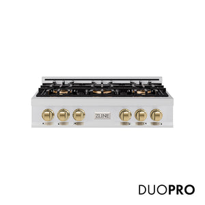 ZLINE Autograph Edition 36 in. Classic Gas Rangetop with 6 Burner DuoPro™ Cooktop in Stainless Steel and Champagne Bronze Accents, Open Box-Great Condition main image.