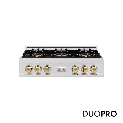 ZLINE Autograph Edition 36 in. Classic Gas Rangetop with 6 Burner DuoPro™ Cooktop in Stainless Steel and Champagne Bronze Accents, Open Box-Great Condition