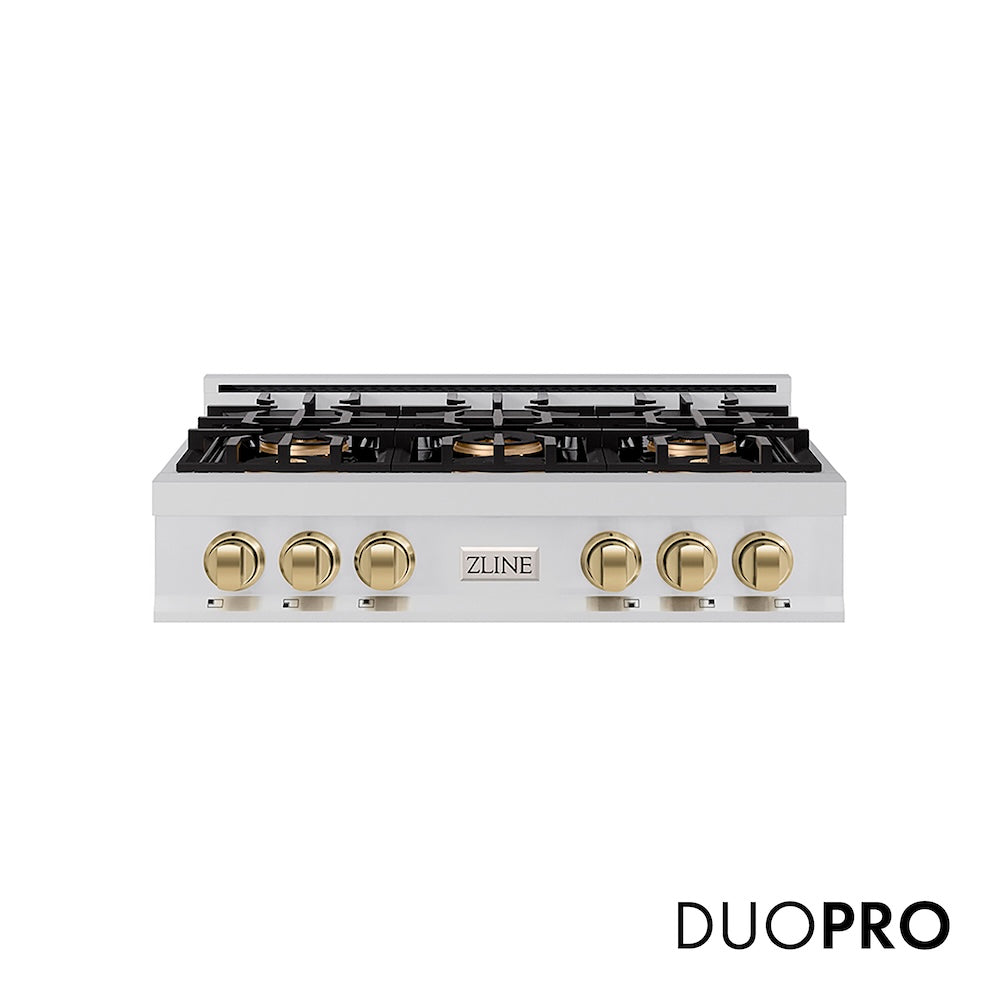 ZLINE Autograph Edition 36 in. Classic Gas Rangetop with 6 Burner DuoPro™ Cooktop in Stainless Steel and Champagne Bronze Accents, Open Box-Good Condition