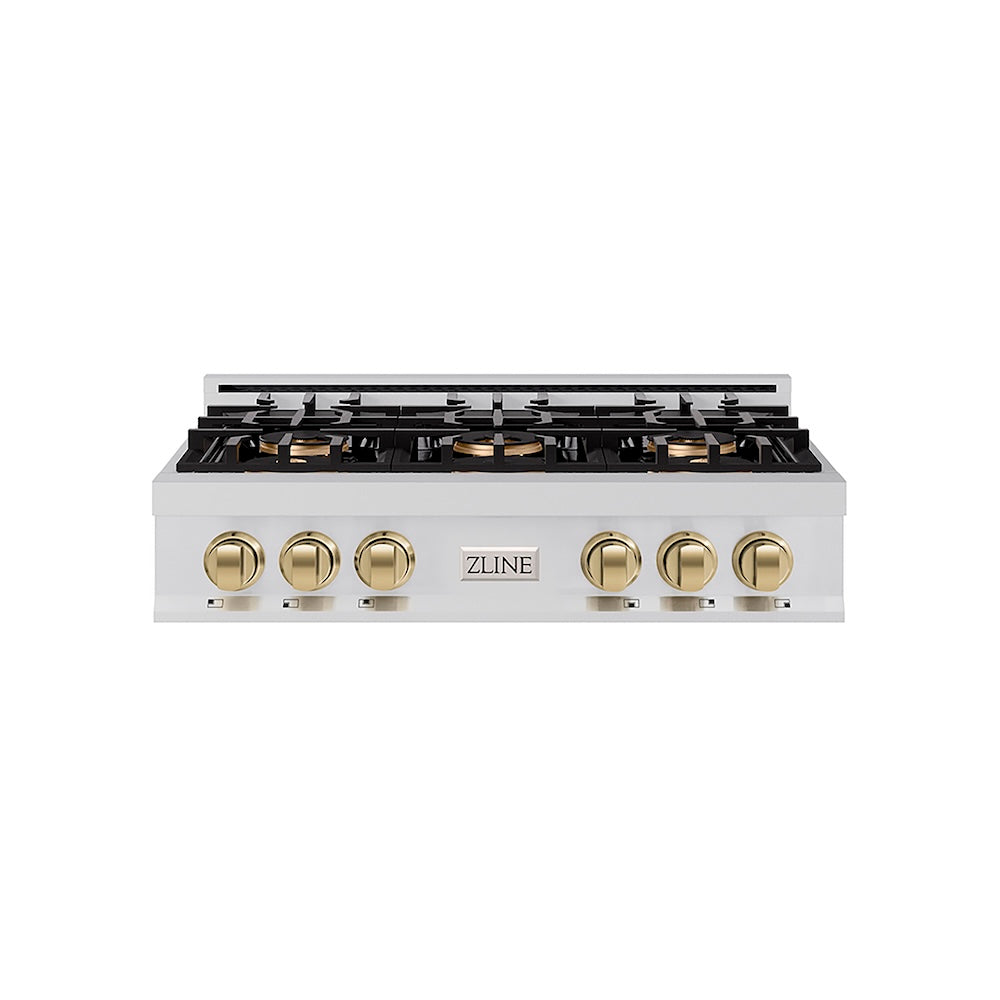 ZLINE Autograph Edition 36 in. Classic Gas Rangetop with 6 Burner DuoPro™ Cooktop in Stainless Steel and Champagne Bronze Accents (PCRTZ-36-CB) front.