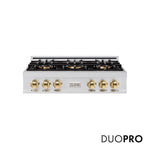ZLINE Autograph Edition 36 in. Classic Gas Rangetop with 6 Burner DuoPro™ Cooktop in Stainless Steel and Polished Gold Accents (PCRTZ-36-G) front, with DuoPro™ logo.