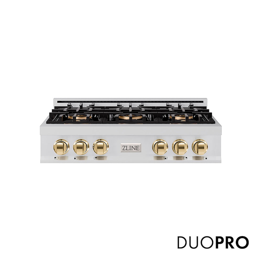 ZLINE Autograph Edition 36 in. Classic Gas Rangetop with 6 Burner DuoPro™ Cooktop in Stainless Steel and Polished Gold Accents (PCRTZ-36-G) front, with DuoPro™ logo.