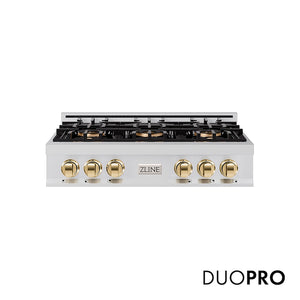 ZLINE Autograph Edition 36 in. Classic Gas Rangetop with 6 Burner DuoPro™ Cooktop in Stainless Steel and Polished Gold Accents (PCRTZ-36-G) main image.