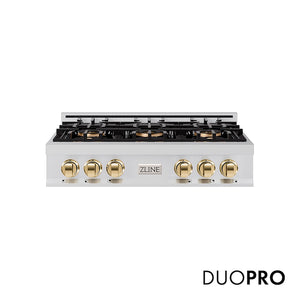 ZLINE Autograph Edition 36 in. Classic Gas Rangetop with 6 Burner DuoPro™ Cooktop in Stainless Steel and Polished Gold Accents, Open Box-Good Condition main image.