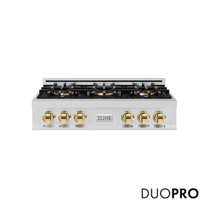 ZLINE Autograph Edition 36 in. Classic Gas Rangetop with 6 Burner DuoPro™ Cooktop in Stainless Steel and Polished Gold Accents, Open Box-Good Condition
