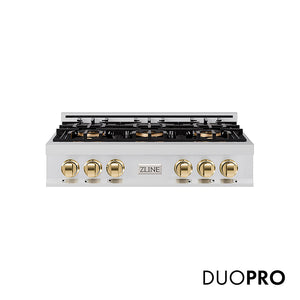 ZLINE Autograph Edition 36 in. Classic Gas Rangetop with 6 Burner DuoPro™ Cooktop in Stainless Steel and Polished Gold Accents, Open Box-Great Condition main image.
