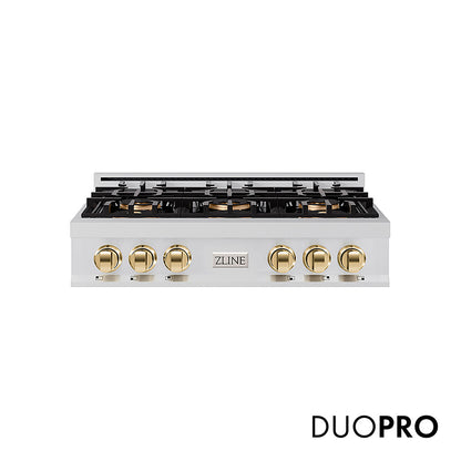 ZLINE Autograph Edition 36 in. Classic Gas Rangetop with 6 Burner DuoPro™ Cooktop in Stainless Steel and Polished Gold Accents, Open Box-Great Condition