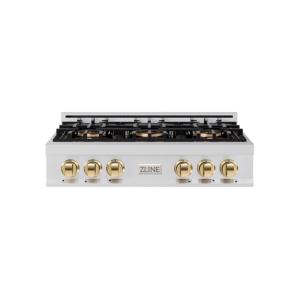 ZLINE Autograph Edition 36 in. Classic Gas Rangetop with 6 Burner DuoPro™ Cooktop in Stainless Steel and Polished Gold Accents (PCRTZ-36-G) front.