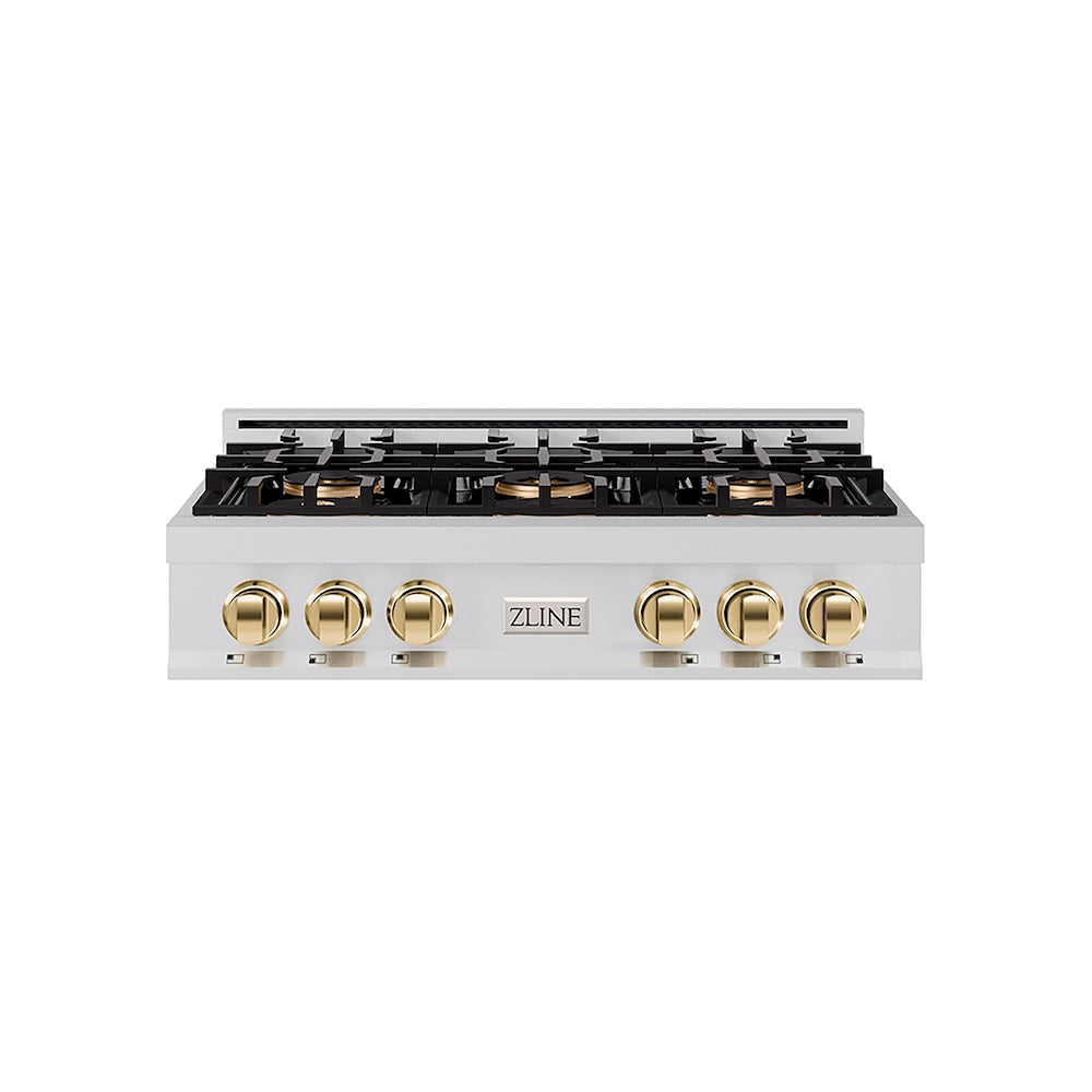 ZLINE Autograph Edition 36 in. Classic Gas Rangetop with 6 Burner DuoPro™ Cooktop in Stainless Steel and Polished Gold Accents, Open Box-Good Condition