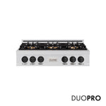 ZLINE Autograph Edition 36 in. Classic Gas Rangetop with 6 Burner DuoPro™ Cooktop in Stainless Steel and Matte Black Accents (PCRTZ-36-MB) front, with DuoPro™ logo.