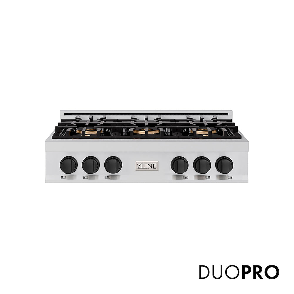 ZLINE Autograph Edition 36 in. Classic Gas Rangetop with 6 Burner DuoPro™ Cooktop in Stainless Steel and Matte Black Accents (PCRTZ-36-MB) front, with DuoPro™ logo.