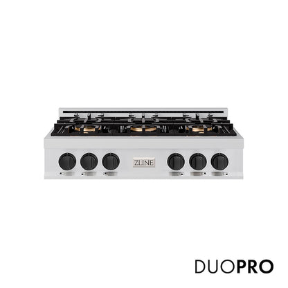 ZLINE Autograph Edition 36 in. Classic Gas Rangetop with 6 Burner DuoPro™ Cooktop in Stainless Steel and Matte Black Accents (PCRTZ-36-MB) front, with DuoPro™ logo.