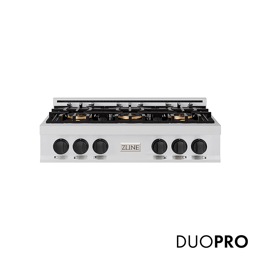 ZLINE Autograph Edition 36 in. Classic Gas Rangetop with 6 Burner DuoPro™ Cooktop in Stainless Steel and Matte Black Accents, Open Box-Great Condition main image.