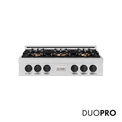 ZLINE Autograph Edition 36 in. Classic Gas Rangetop with 6 Burner DuoPro™ Cooktop in Stainless Steel and Matte Black Accents, Open Box-Great Condition