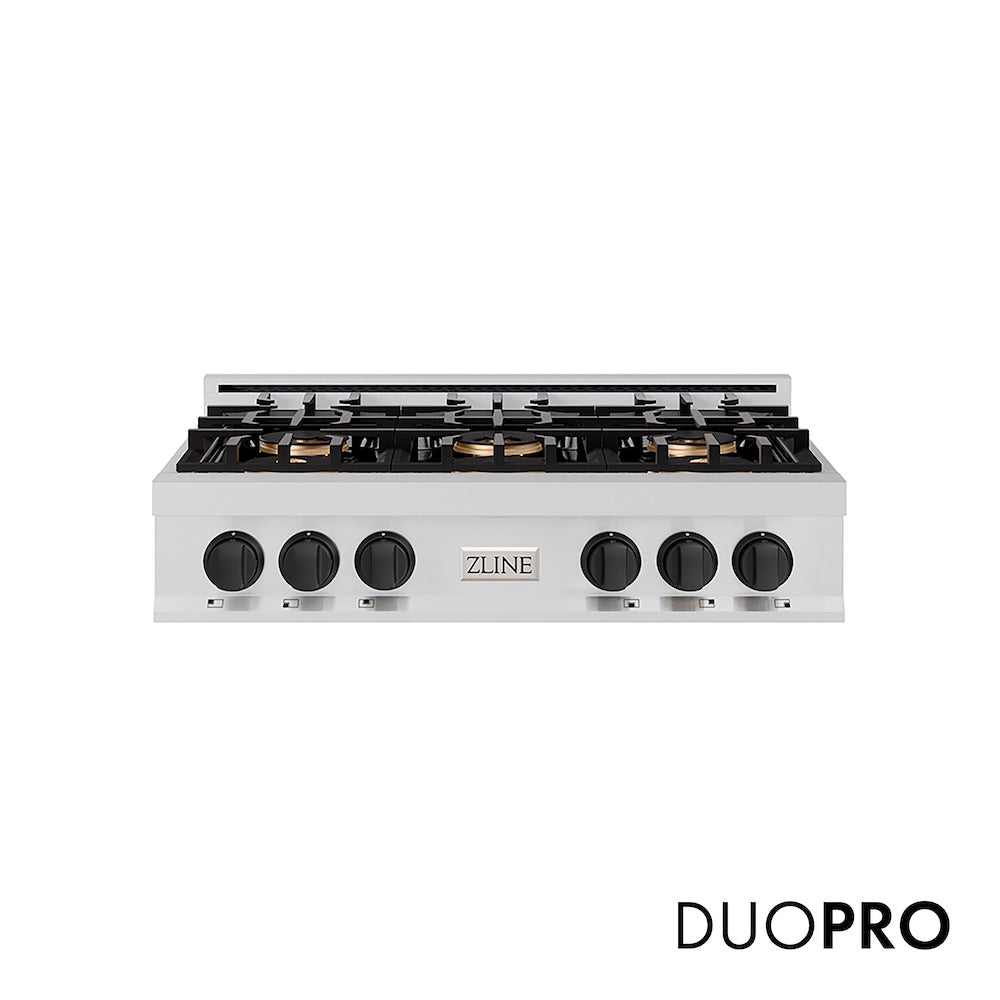ZLINE Autograph Edition 36 in. Classic Gas Rangetop with 6 Burner DuoPro™ Cooktop in Stainless Steel and Matte Black Accents, Open Box-Good Condition