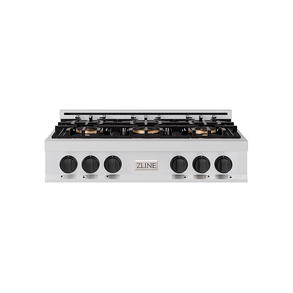 ZLINE Autograph Edition 36 in. Classic Gas Rangetop with 6 Burner DuoPro™ Cooktop in Stainless Steel and Matte Black Accents (PCRTZ-36-MB) front.