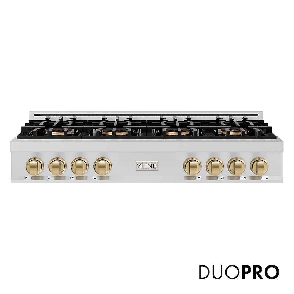 ZLINE Autograph Edition 48 in. Classic Gas Rangetop with 8 Burner DuoPro™ Cooktop in Stainless Steel and Champagne Bronze Accents (PCRTZ-48-CB) front, with DuoPro™ logo.